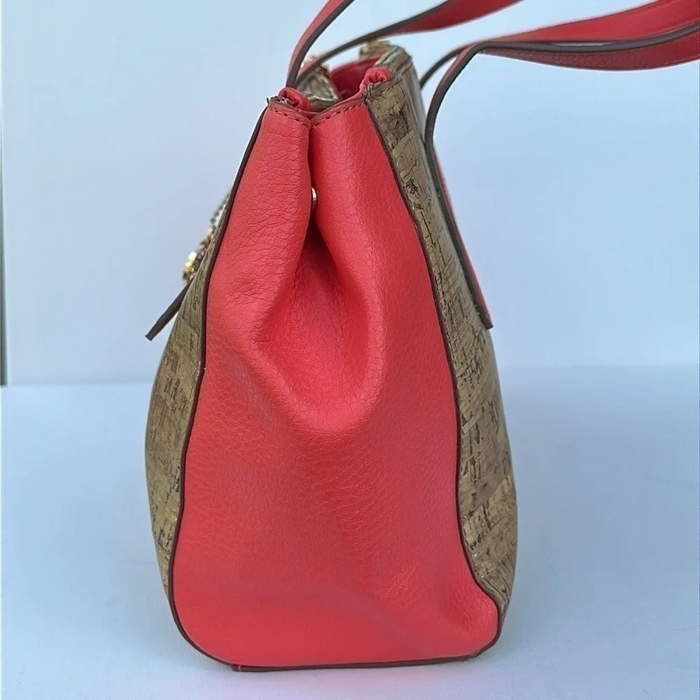 ANNE KLEIN RED FAUX LEATHER CORK METALLIC WOMENS SATCHEL HANDBAG BAG PURSE